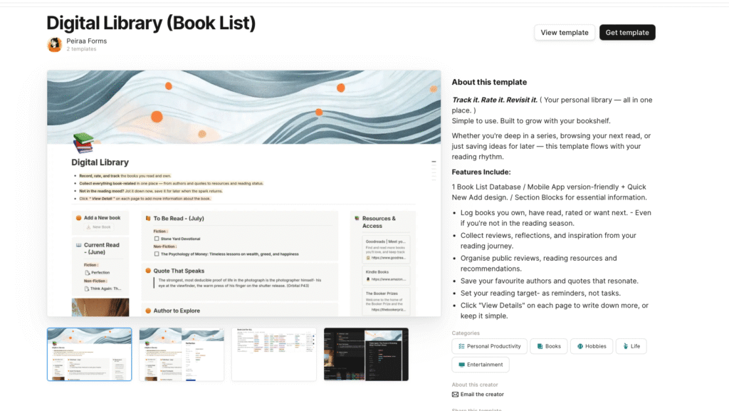 notion template- digital Library- book List