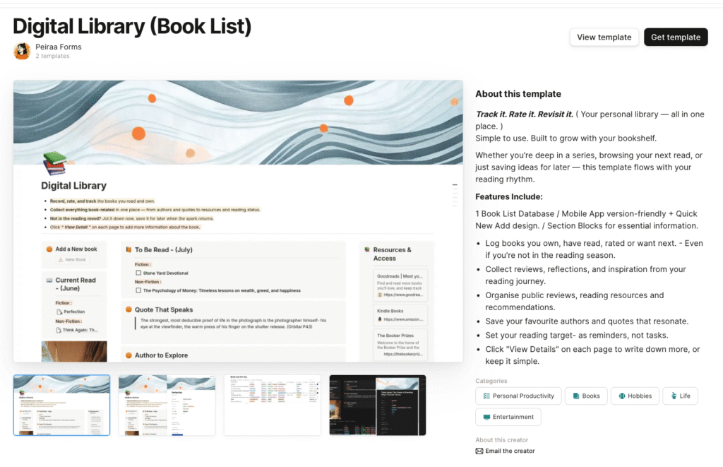 notion template- digital Library- book List
