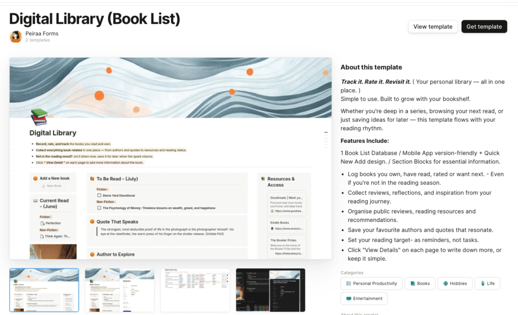 notion template- digital Library- book List