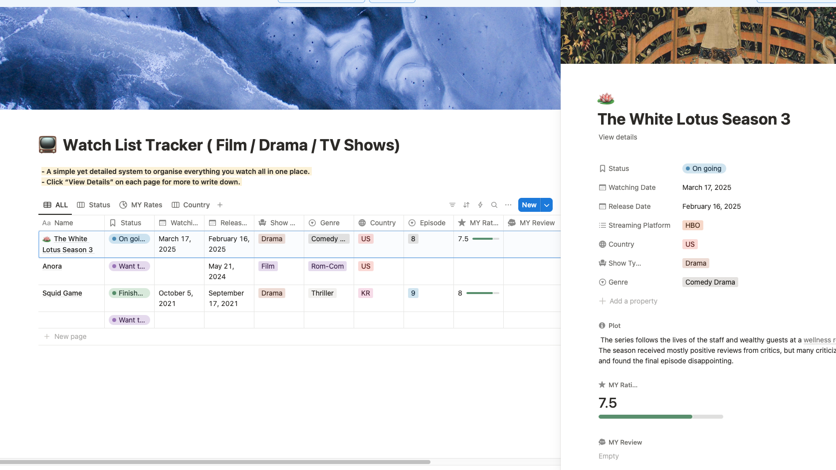 Detail page- Notion template- Watch List Tracker