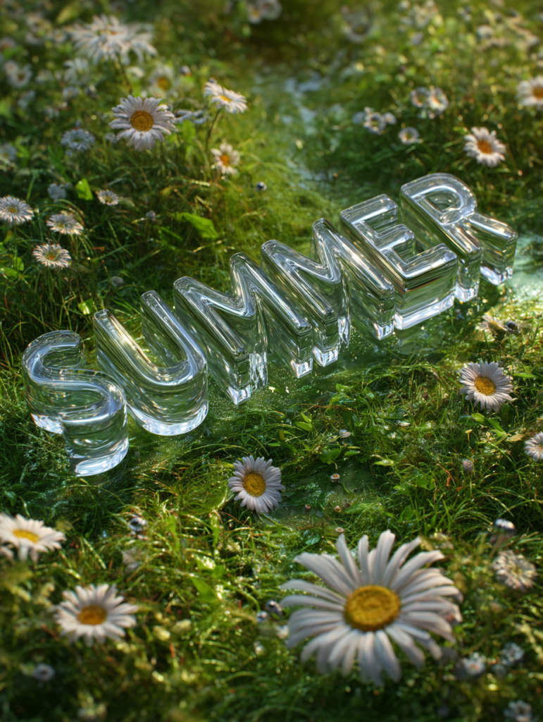 Summer 3D Typography in ice effect on a green field with wild flowers