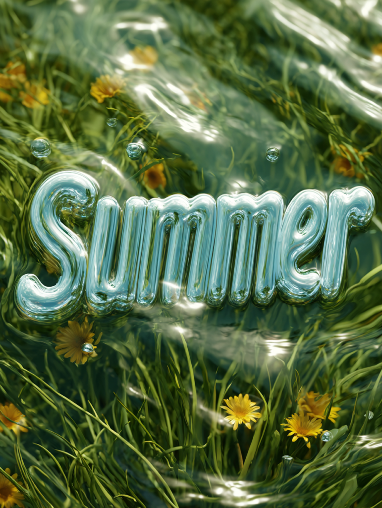 Summer 3D Typography in ice effect on a green field with water waves