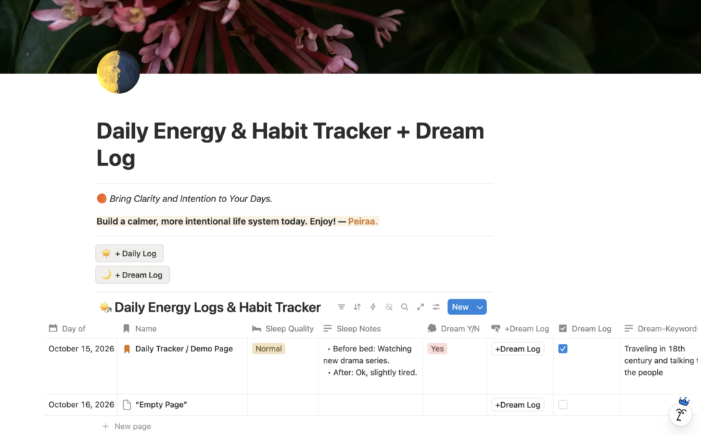 screenshot image of the notion template of daily energy & habit tracker + dream log from peiraa